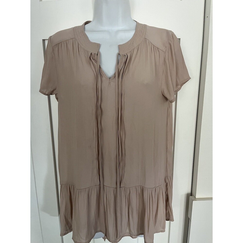 Ro & De Boho Peasant Ruffle Blouse Top Shirt Tie Keyhole Pleats Short Sleeve S M